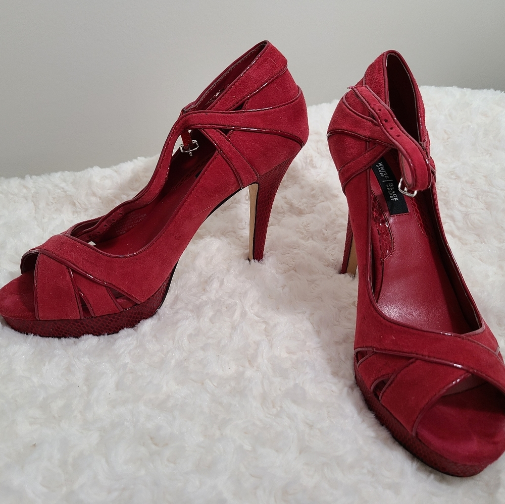 WHBM Red platform, open toe heels